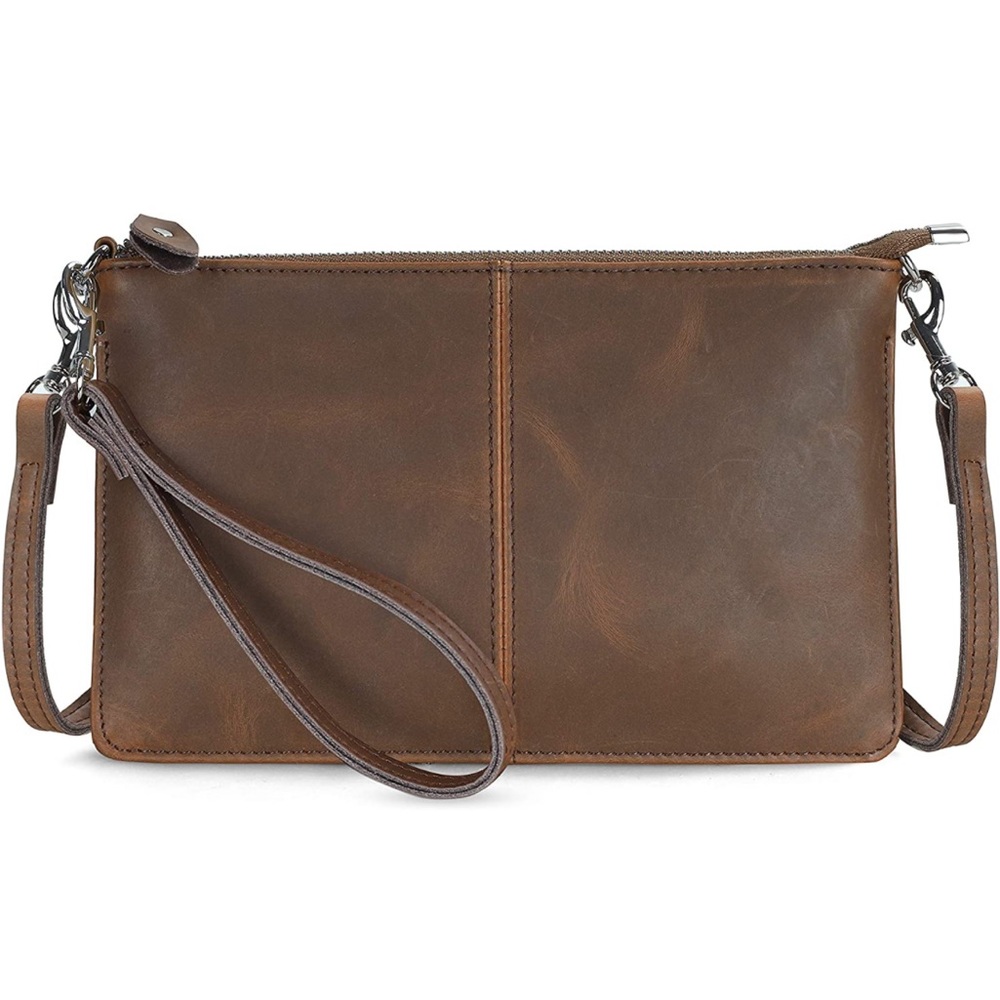 Leather clutch purse with detachable strap